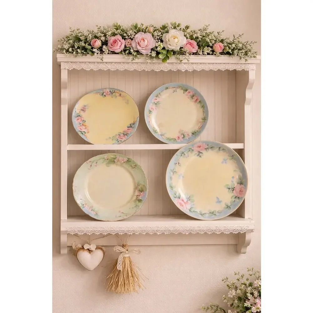 4 Vintage Blue Pink Yellow Mismatched Plate Wall Collage Display Floral Cottage